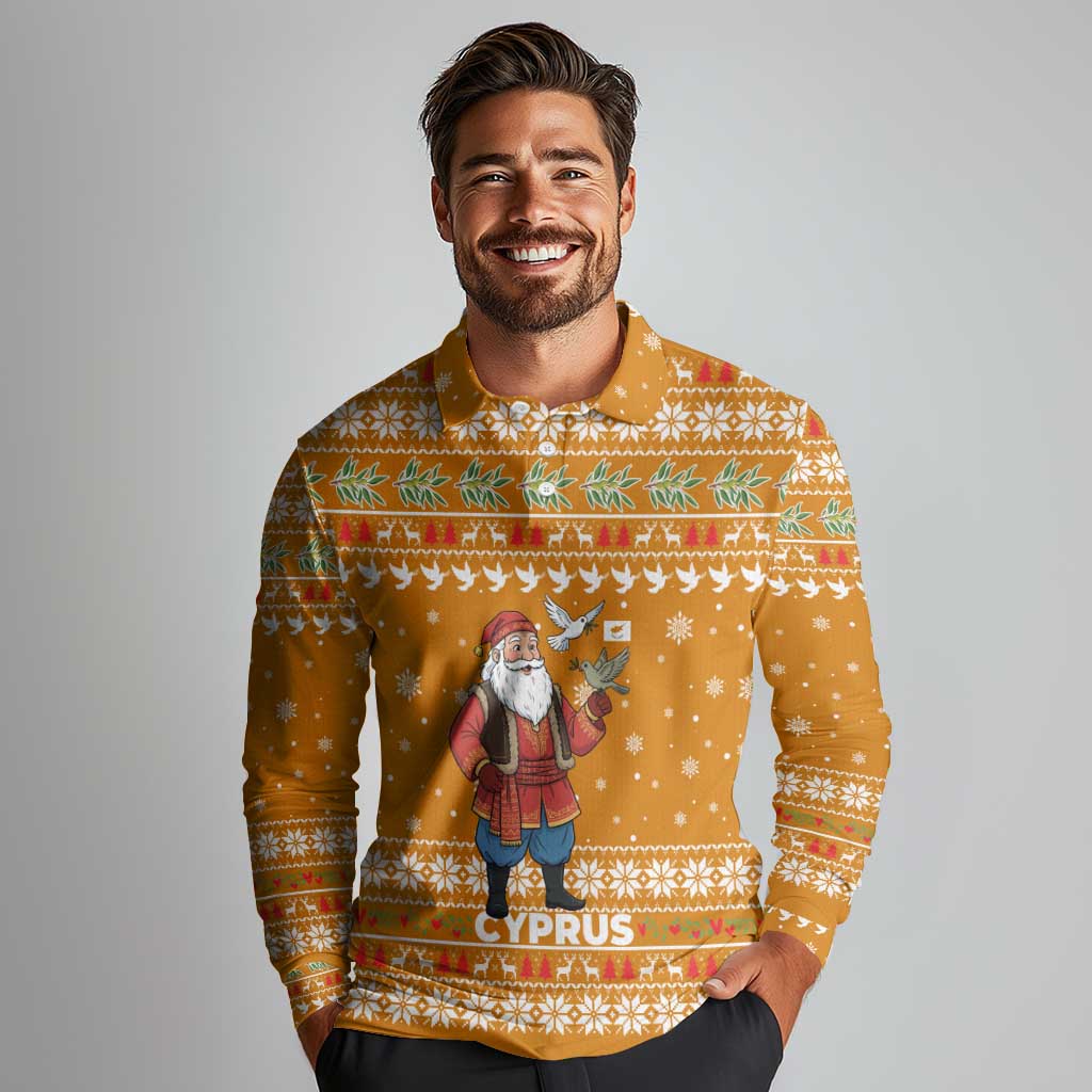 Cyprus Christmas Long Sleeve Polo Shirt with Santa Holding Doves Olive Branch Snowflakes and Holiday - Wonder Print Shop