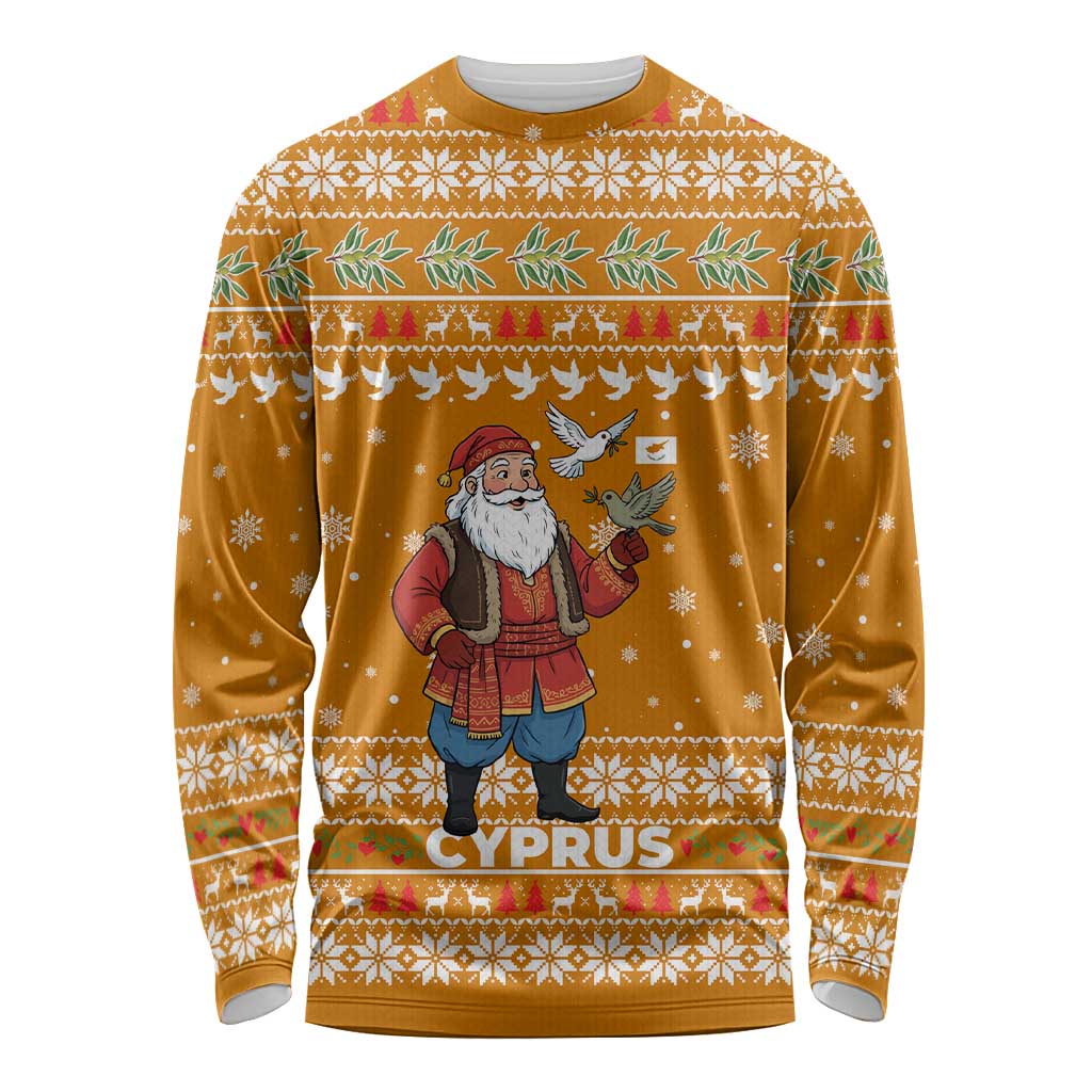 Cyprus Christmas Long Sleeve Shirt with Santa Holding Doves Olive Branch Snowflakes and Holiday - Wonder Print Shop