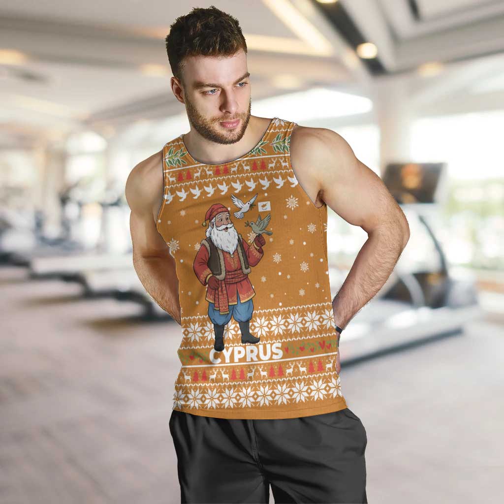 Cyprus Christmas Men Tank Top with Santa Holding Doves Olive Branch Snowflakes and Holiday - Wonder Print Shop
