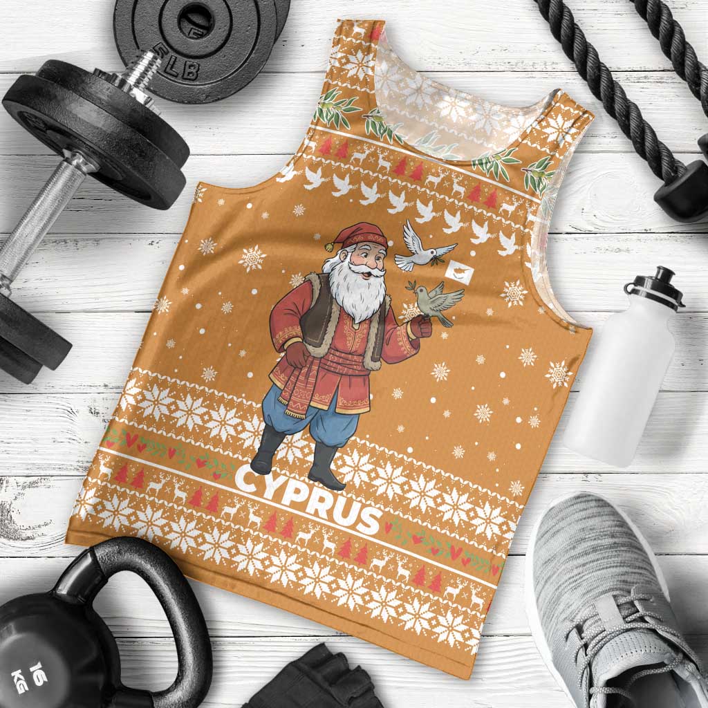 Cyprus Christmas Men Tank Top with Santa Holding Doves Olive Branch Snowflakes and Holiday - Wonder Print Shop