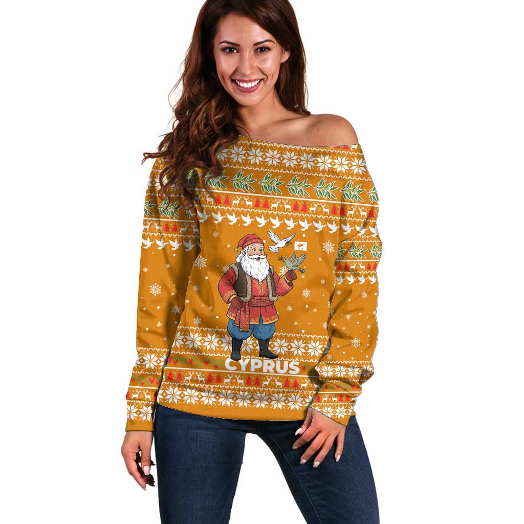 Cyprus Christmas Off Shoulder Sweater with Santa Holding Doves Olive Branch Snowflakes and Holiday - Wonder Print Shop