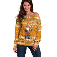 Cyprus Christmas Off Shoulder Sweater with Santa Holding Doves Olive Branch Snowflakes and Holiday - Wonder Print Shop