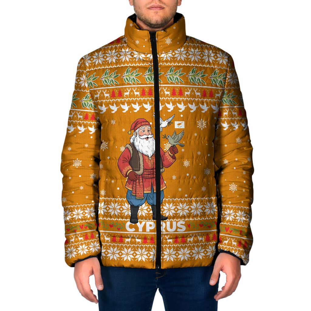Cyprus Christmas Padded Jacket with Santa Holding Doves Olive Branch Snowflakes and Holiday - Wonder Print Shop