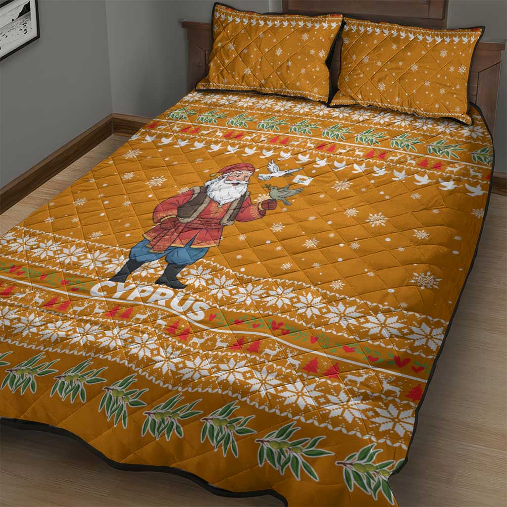 Cyprus Christmas Quilt Bed Set with Santa Holding Doves Olive Branch Snowflakes and Holiday - Wonder Print Shop