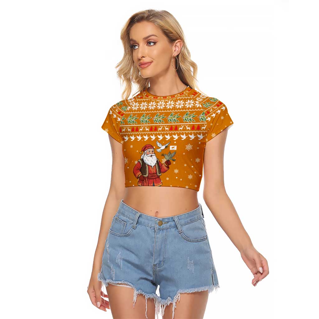 Cyprus Christmas Raglan Cropped T Shirt with Santa Holding Doves Olive Branch Snowflakes and Holiday - Wonder Print Shop