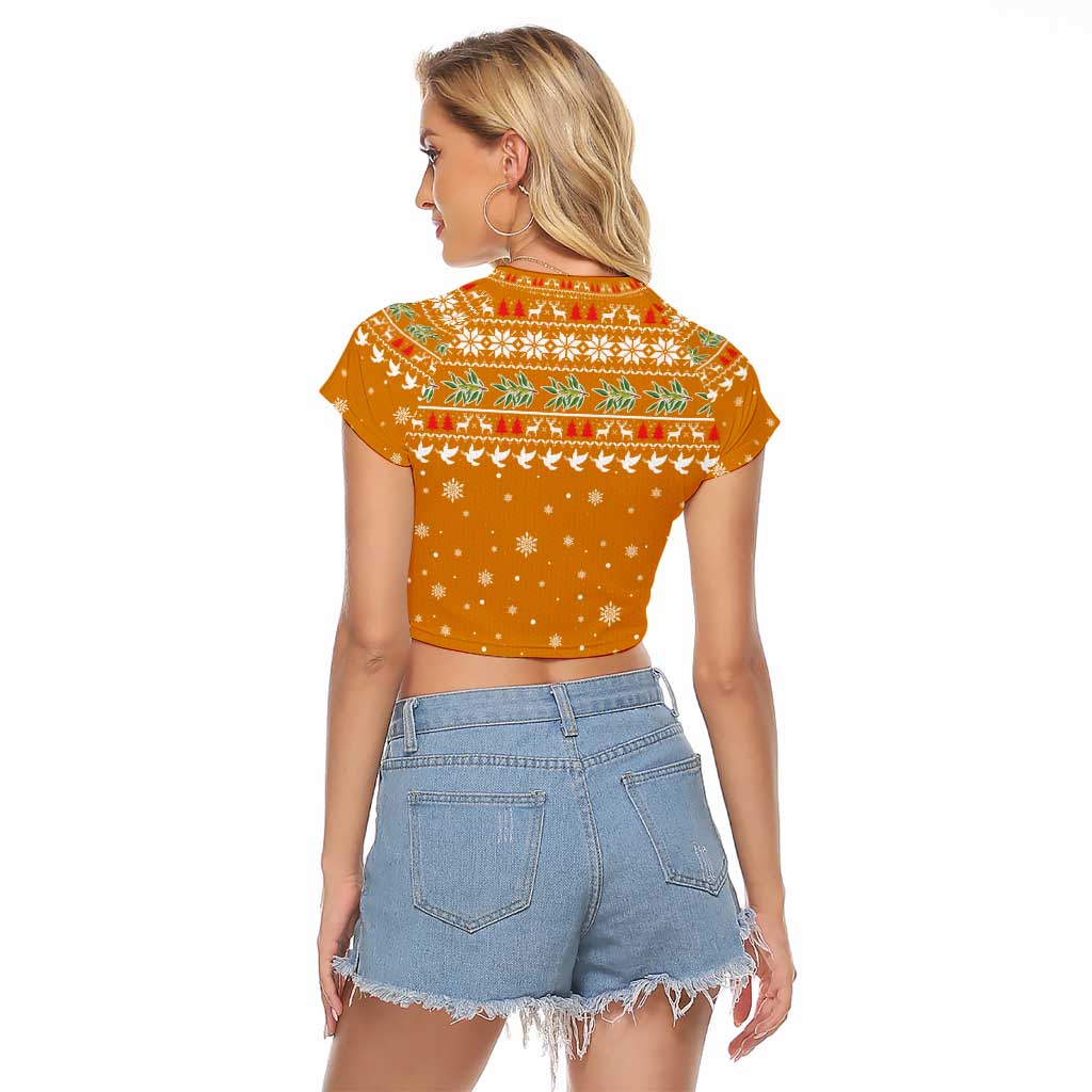 Cyprus Christmas Raglan Cropped T Shirt with Santa Holding Doves Olive Branch Snowflakes and Holiday - Wonder Print Shop