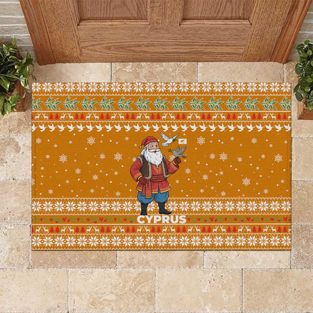 Cyprus Christmas Rubber Doormat with Santa Holding Doves Olive Branch Snowflakes and Holiday - Wonder Print Shop