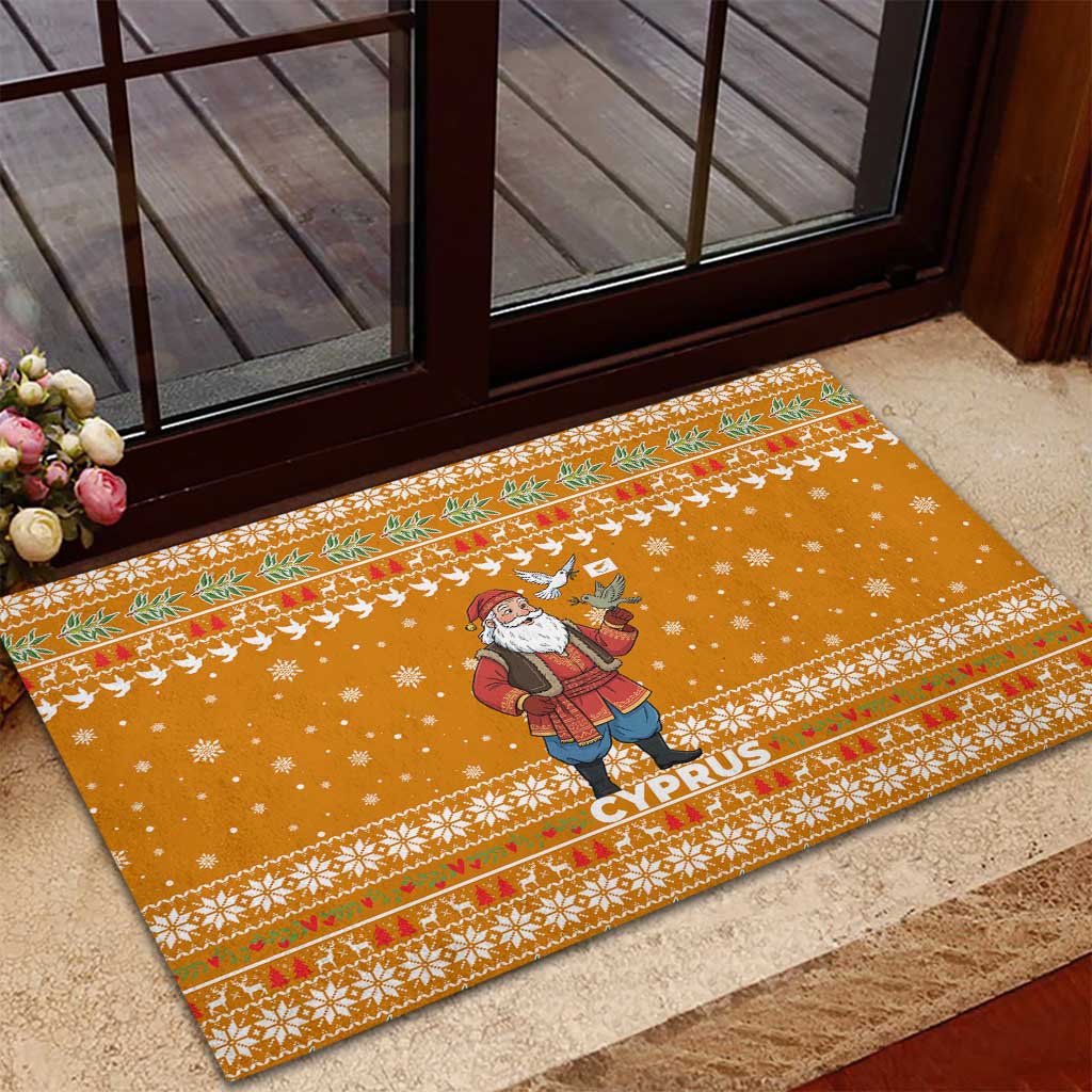 Cyprus Christmas Rubber Doormat with Santa Holding Doves Olive Branch Snowflakes and Holiday - Wonder Print Shop