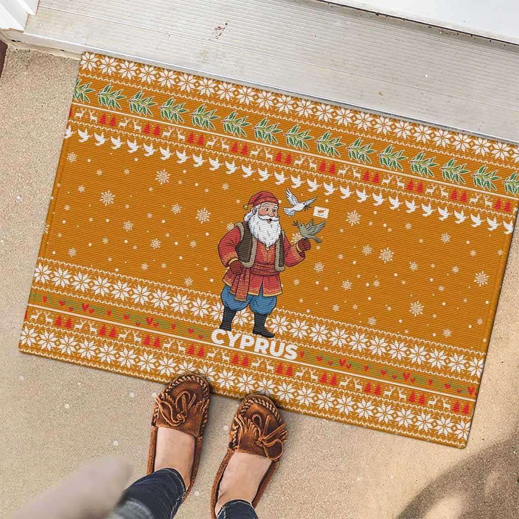 Cyprus Christmas Rubber Doormat with Santa Holding Doves Olive Branch Snowflakes and Holiday - Wonder Print Shop