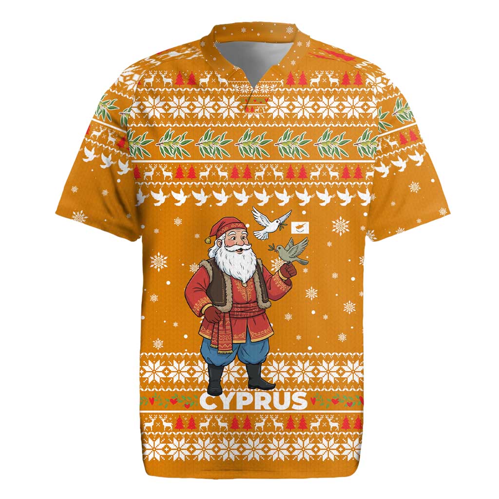 Cyprus Christmas Rugby Jersey with Santa Holding Doves Olive Branch Snowflakes and Holiday - Wonder Print Shop