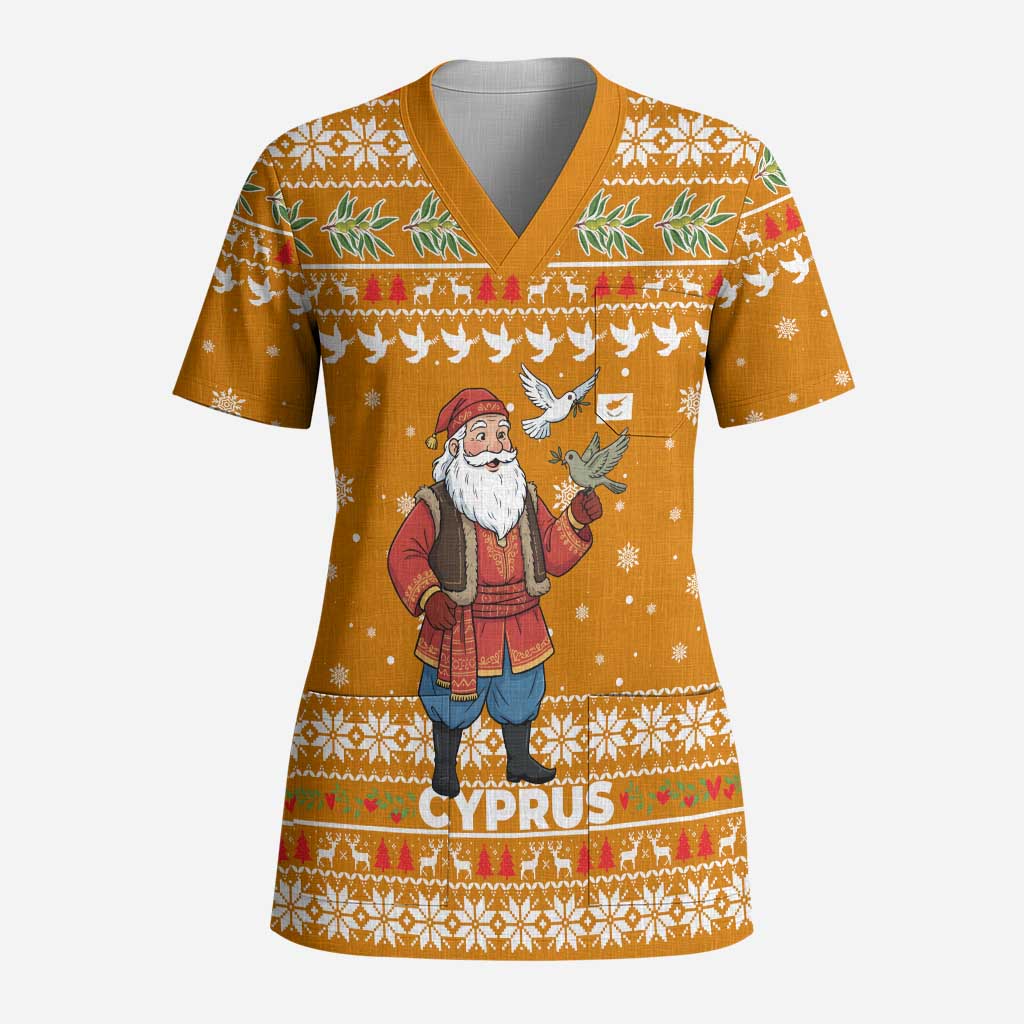 Cyprus Christmas Scrub Top with Santa Holding Doves Olive Branch Snowflakes and Holiday - Wonder Print Shop