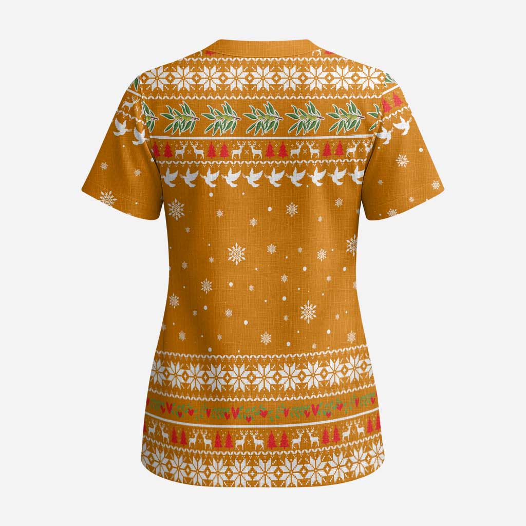 Cyprus Christmas Scrub Top with Santa Holding Doves Olive Branch Snowflakes and Holiday - Wonder Print Shop