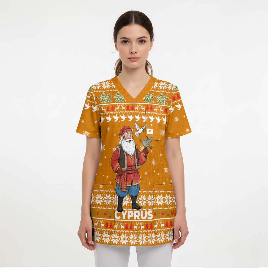 Cyprus Christmas Scrub Top with Santa Holding Doves Olive Branch Snowflakes and Holiday - Wonder Print Shop