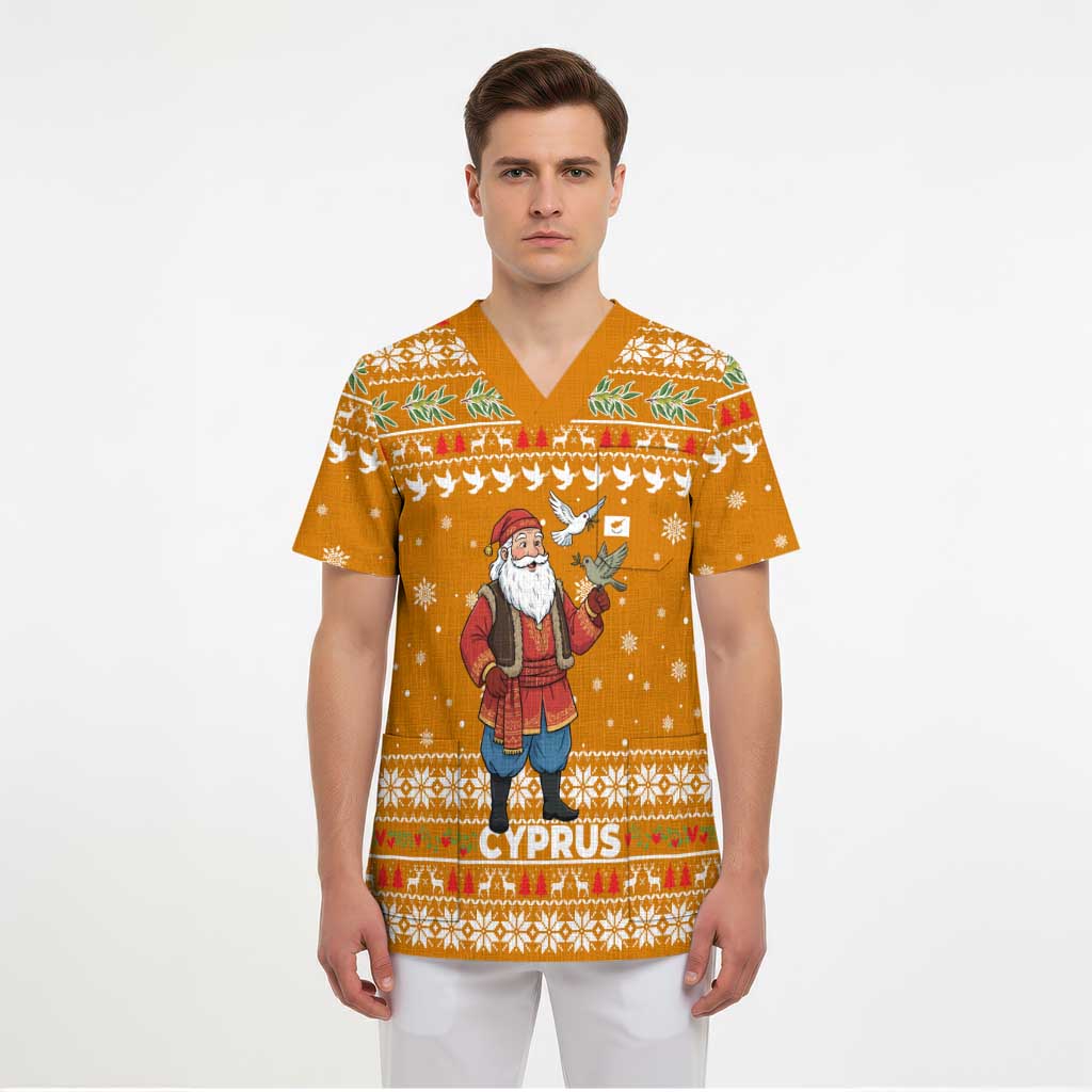 Cyprus Christmas Scrub Top with Santa Holding Doves Olive Branch Snowflakes and Holiday - Wonder Print Shop
