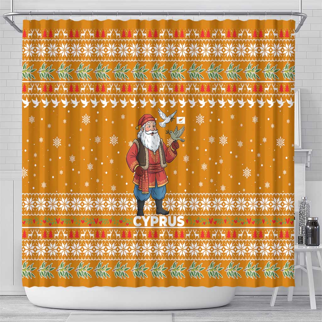 Cyprus Christmas Shower Curtain with Santa Holding Doves Olive Branch Snowflakes and Holiday - Wonder Print Shop