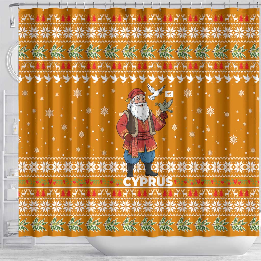 Cyprus Christmas Shower Curtain with Santa Holding Doves Olive Branch Snowflakes and Holiday - Wonder Print Shop