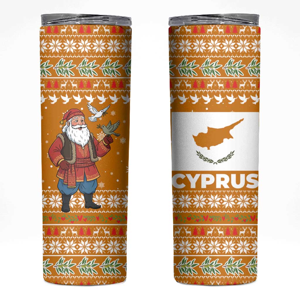 Cyprus Christmas Skinny Tumbler with Santa Holding Doves Olive Branch Snowflakes and Holiday - Wonder Print Shop
