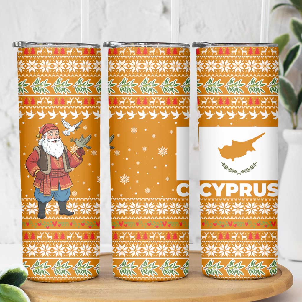 Cyprus Christmas Skinny Tumbler with Santa Holding Doves Olive Branch Snowflakes and Holiday - Wonder Print Shop
