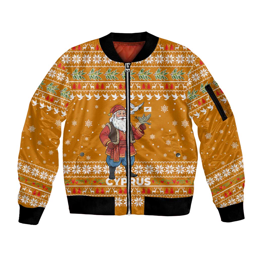 Cyprus Christmas Sleeve Zip Bomber Jacket with Santa Holding Doves Olive Branch Snowflakes and Holiday - Wonder Print Shop