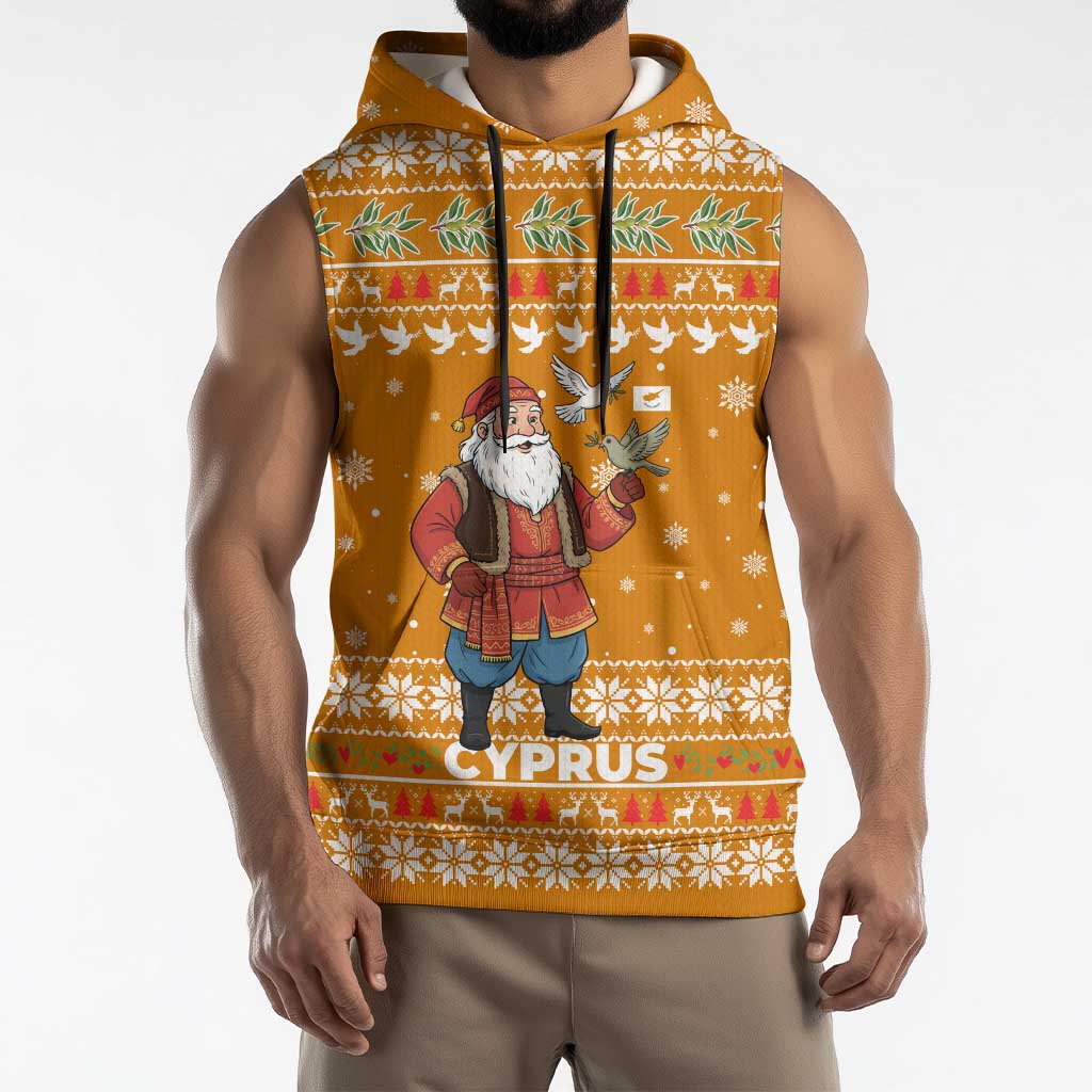 Cyprus Christmas Sleeveless Hoodie with Santa Holding Doves Olive Branch Snowflakes and Holiday - Wonder Print Shop
