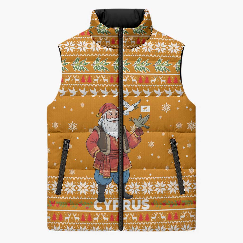 Cyprus Christmas Sleeveless Puffer Jacket with Santa Holding Doves Olive Branch Snowflakes and Holiday - Wonder Print Shop