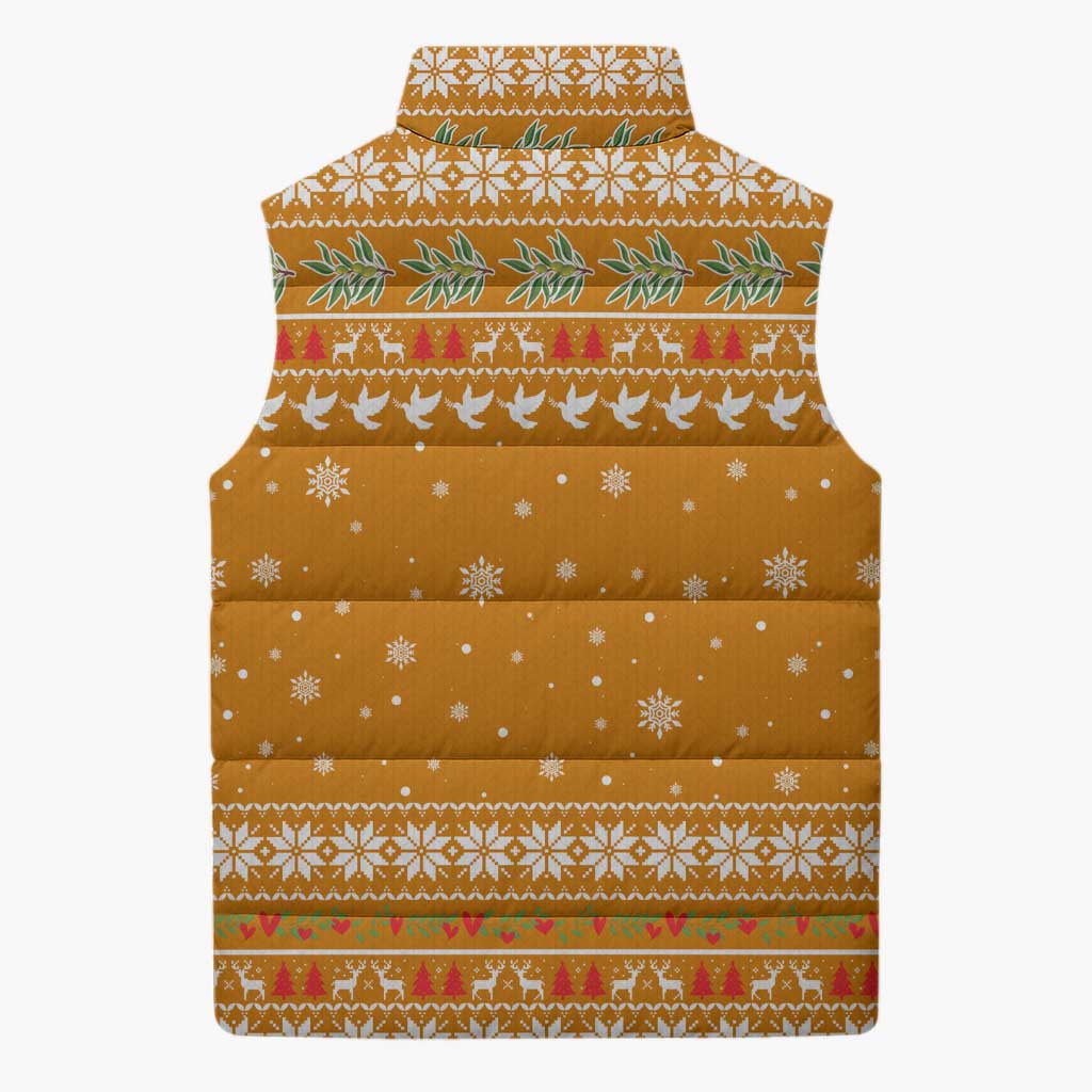 Cyprus Christmas Sleeveless Puffer Jacket with Santa Holding Doves Olive Branch Snowflakes and Holiday - Wonder Print Shop