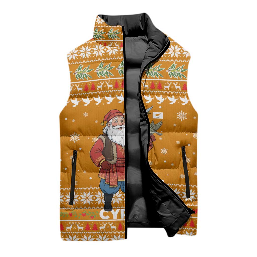 Cyprus Christmas Sleeveless Puffer Jacket with Santa Holding Doves Olive Branch Snowflakes and Holiday - Wonder Print Shop