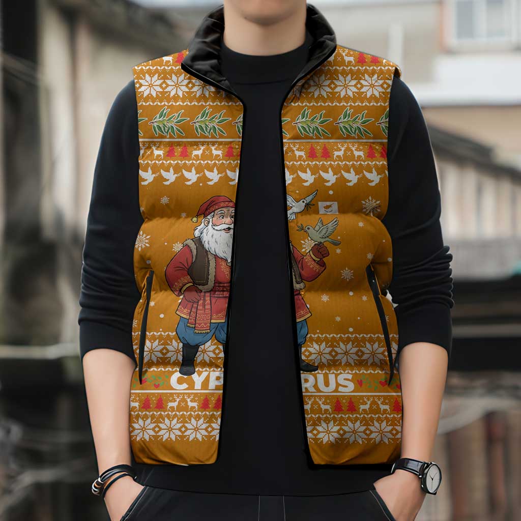 Cyprus Christmas Sleeveless Puffer Jacket with Santa Holding Doves Olive Branch Snowflakes and Holiday - Wonder Print Shop