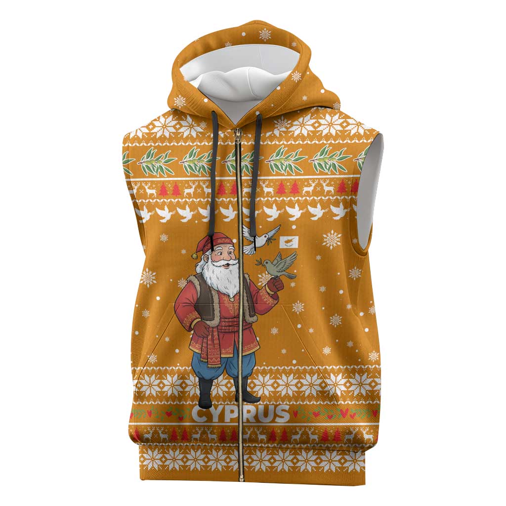Cyprus Christmas Sleeveless Zip Hoodie with Santa Holding Doves Olive Branch Snowflakes and Holiday - Wonder Print Shop