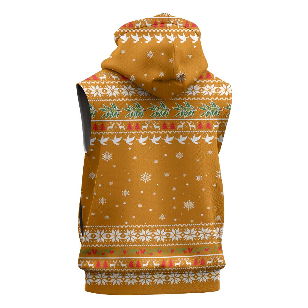 Cyprus Christmas Sleeveless Zip Hoodie with Santa Holding Doves Olive Branch Snowflakes and Holiday - Wonder Print Shop