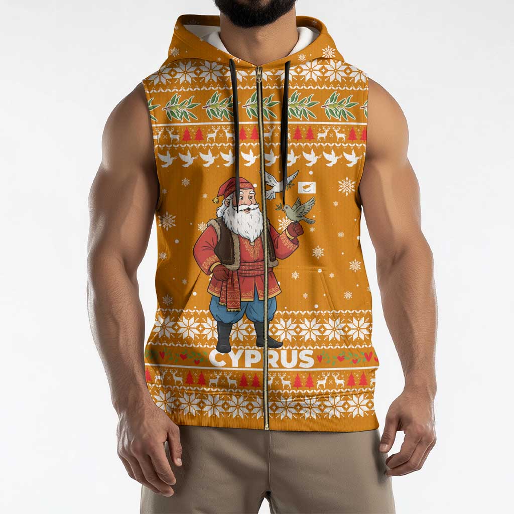 Cyprus Christmas Sleeveless Zip Hoodie with Santa Holding Doves Olive Branch Snowflakes and Holiday - Wonder Print Shop