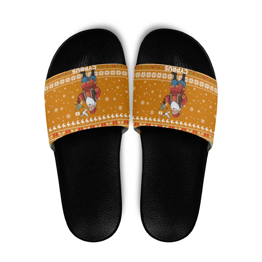 Cyprus Christmas Slide Sandals with Santa Holding Doves Olive Branch Snowflakes and Holiday - Wonder Print Shop