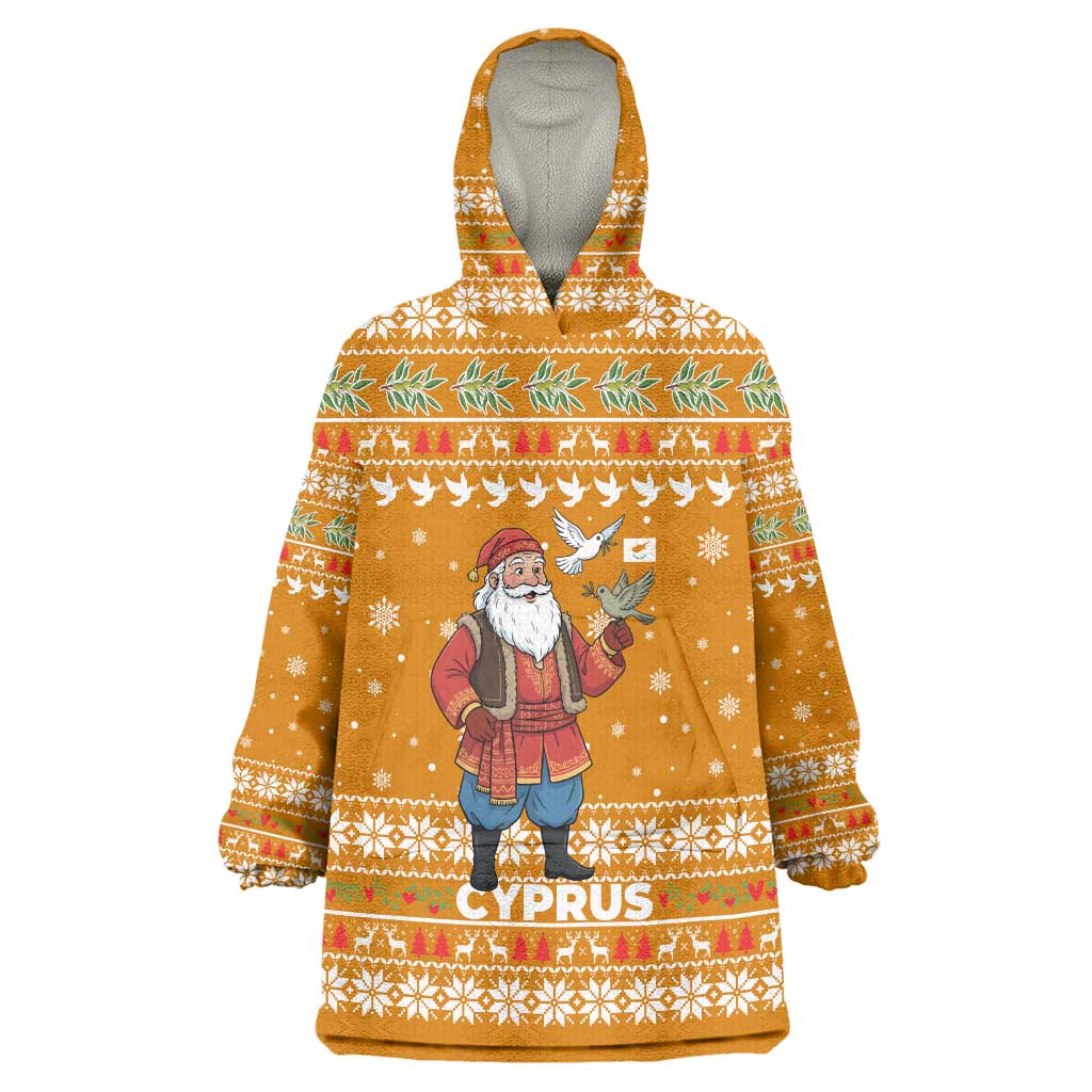 Cyprus Christmas Wearable Blanket Hoodie with Santa Holding Doves Olive Branch Snowflakes and Holiday - Wonder Print Shop