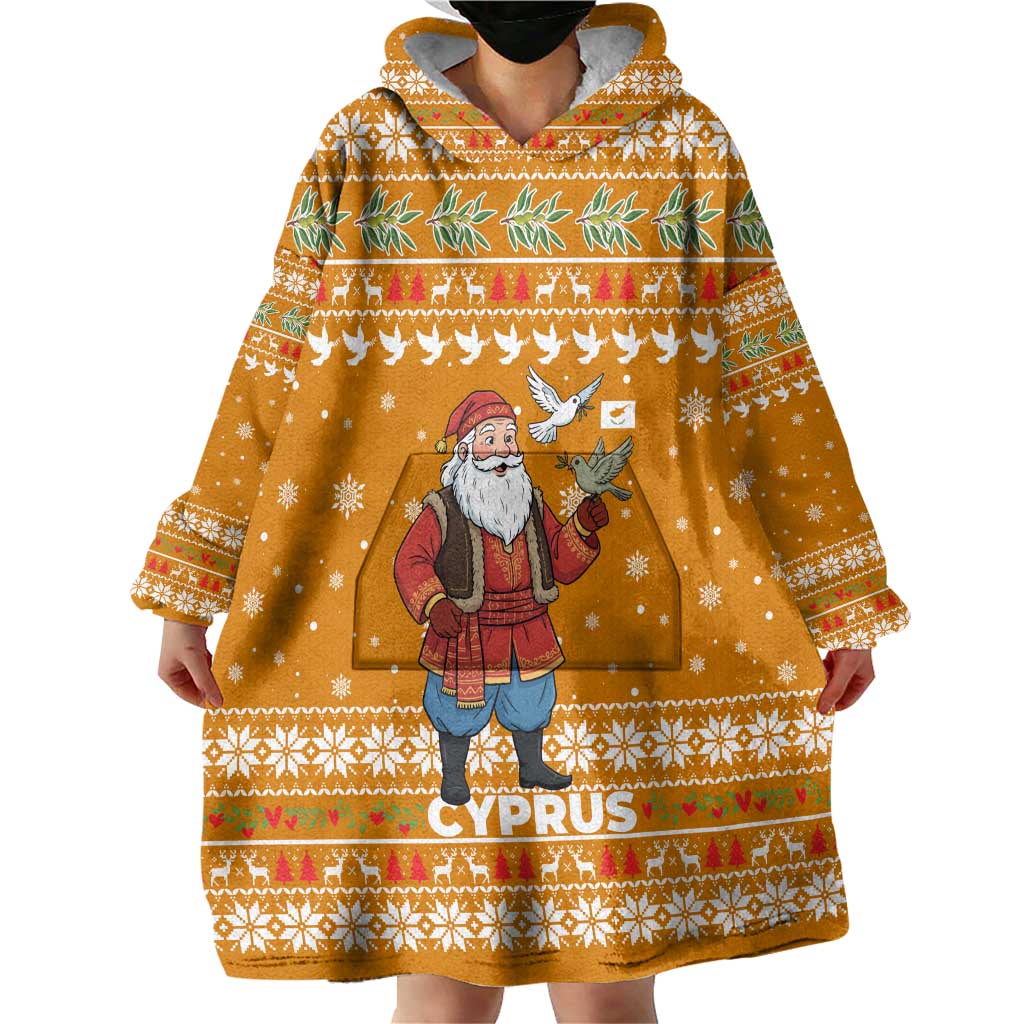 Cyprus Christmas Wearable Blanket Hoodie with Santa Holding Doves Olive Branch Snowflakes and Holiday - Wonder Print Shop