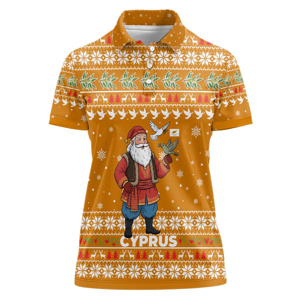 Cyprus Christmas Women Polo Shirt with Santa Holding Doves Olive Branch Snowflakes and Holiday - Wonder Print Shop