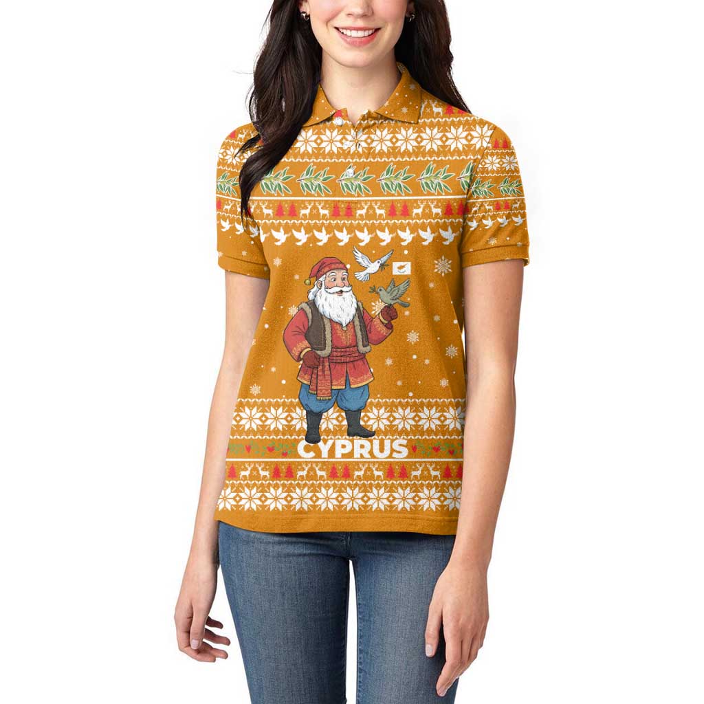 Cyprus Christmas Women Polo Shirt with Santa Holding Doves Olive Branch Snowflakes and Holiday - Wonder Print Shop