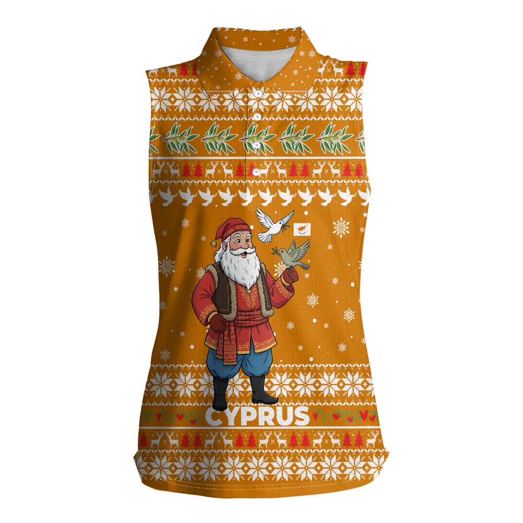 Cyprus Christmas Women Sleeveless Polo Shirt with Santa Holding Doves Olive Branch Snowflakes and Holiday - Wonder Print Shop