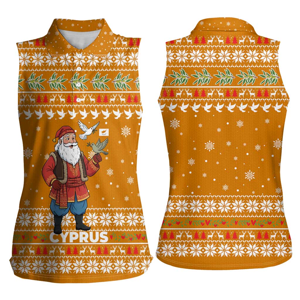 Cyprus Christmas Women Sleeveless Polo Shirt with Santa Holding Doves Olive Branch Snowflakes and Holiday - Wonder Print Shop