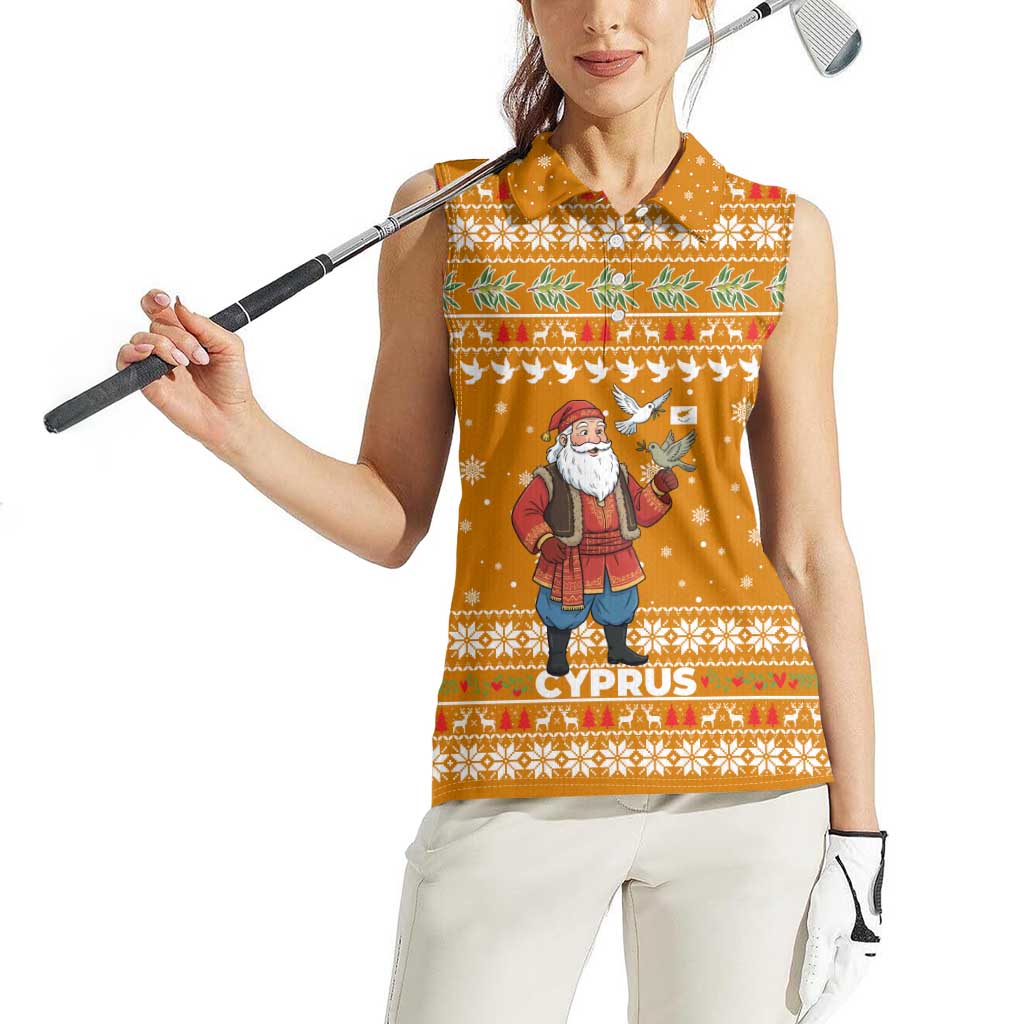 Cyprus Christmas Women Sleeveless Polo Shirt with Santa Holding Doves Olive Branch Snowflakes and Holiday - Wonder Print Shop