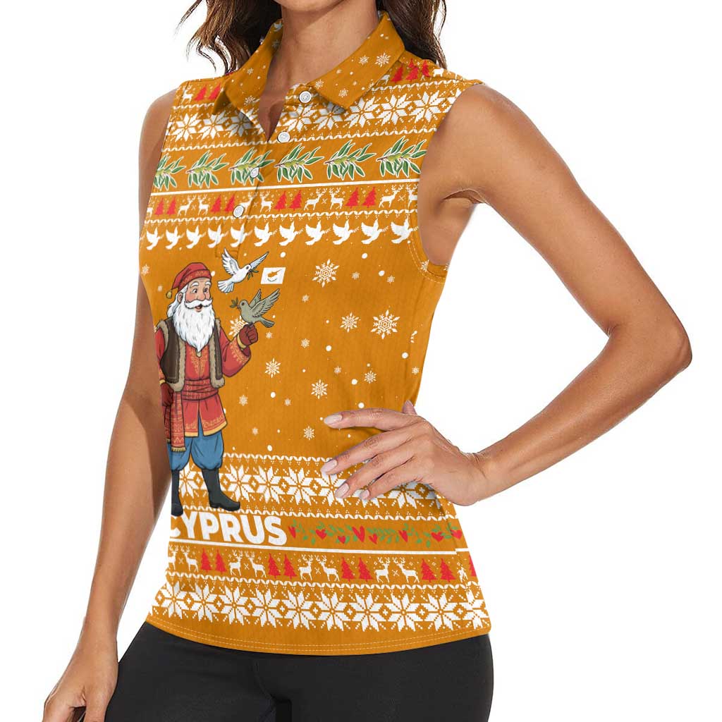 Cyprus Christmas Women Sleeveless Polo Shirt with Santa Holding Doves Olive Branch Snowflakes and Holiday - Wonder Print Shop