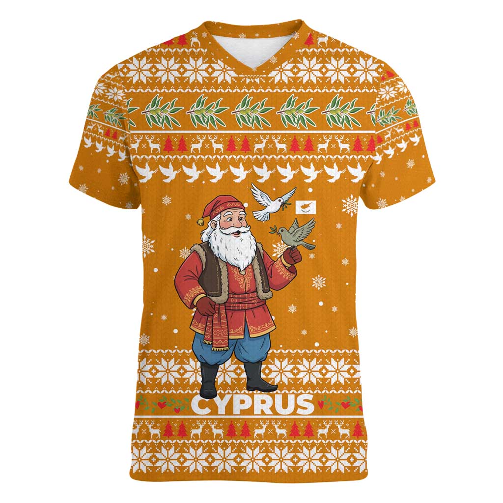 Cyprus Christmas Women V-Neck T-Shirt with Santa Holding Doves Olive Branch Snowflakes and Holiday - Wonder Print Shop