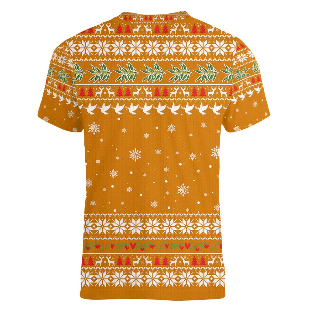 Cyprus Christmas Women V-Neck T-Shirt with Santa Holding Doves Olive Branch Snowflakes and Holiday - Wonder Print Shop