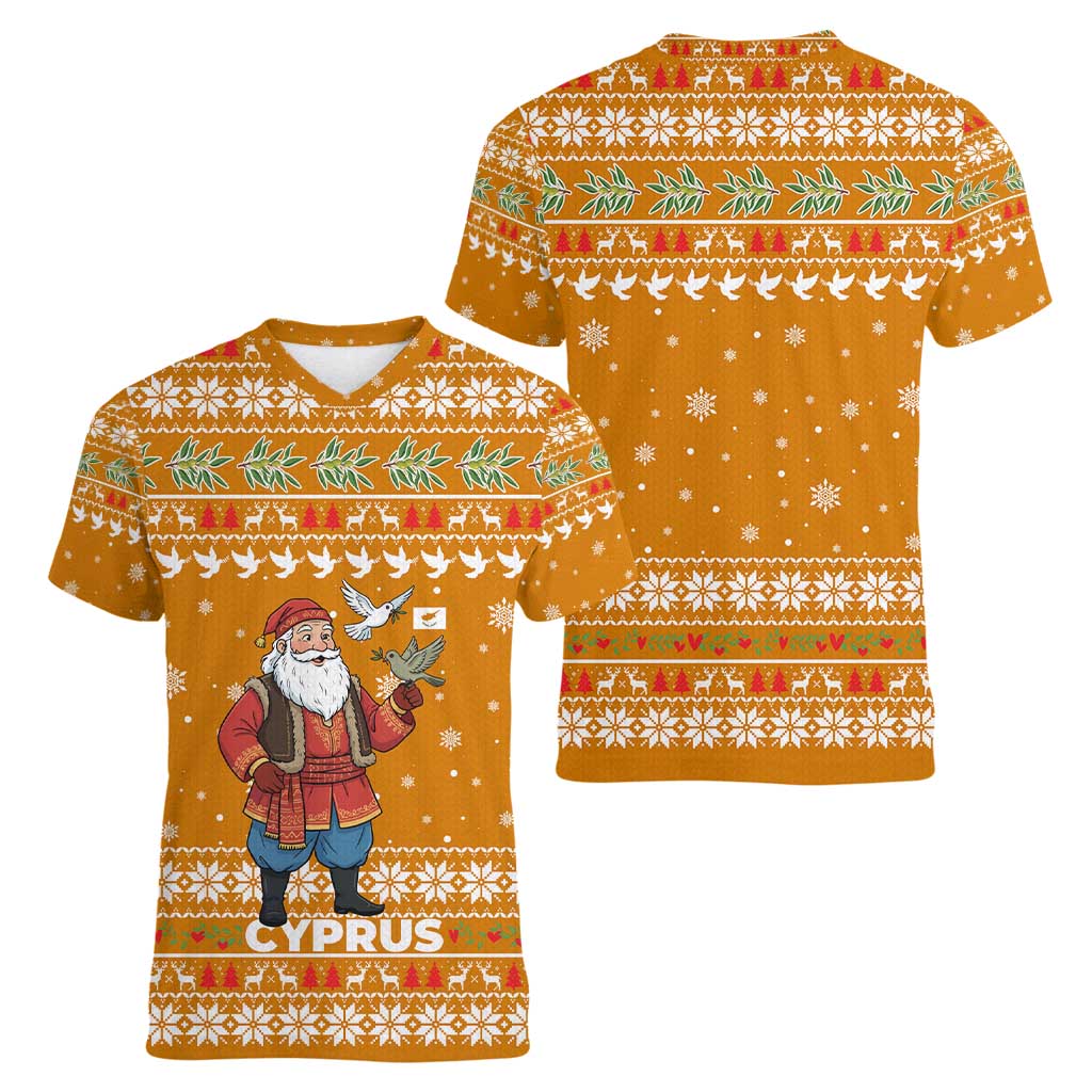 Cyprus Christmas Women V-Neck T-Shirt with Santa Holding Doves Olive Branch Snowflakes and Holiday - Wonder Print Shop