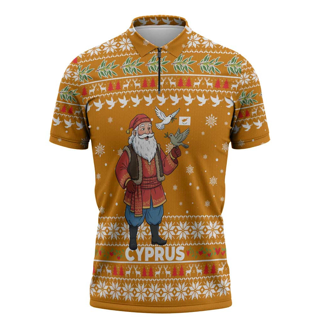 Cyprus Christmas Zipper Polo Shirt with Santa Holding Doves Olive Branch Snowflakes and Holiday - Wonder Print Shop