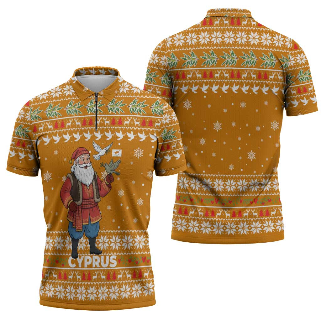 Cyprus Christmas Zipper Polo Shirt with Santa Holding Doves Olive Branch Snowflakes and Holiday - Wonder Print Shop