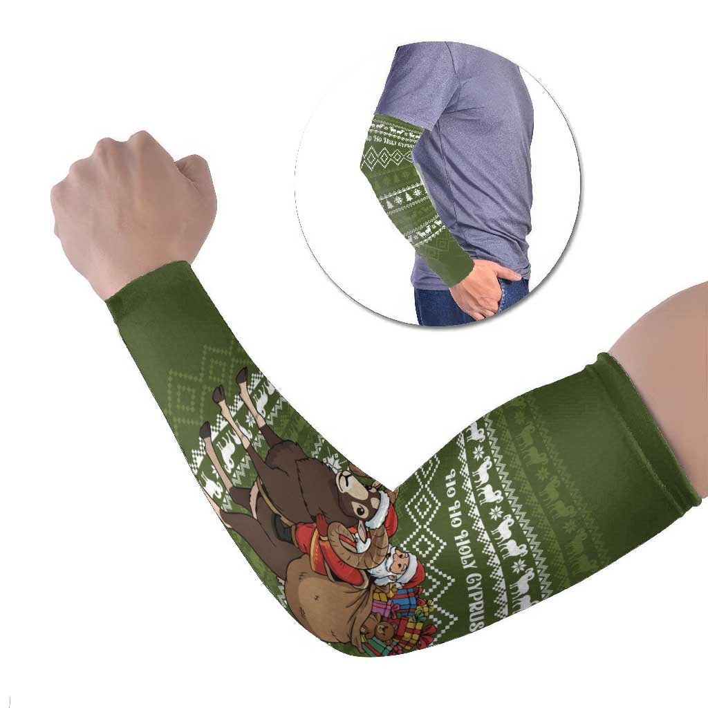 Cyprus Christmas Arm Sleeves with Santa Riding Ram Ho Ho Holy Cyprus Text and Green Holiday - Wonder Print Shop