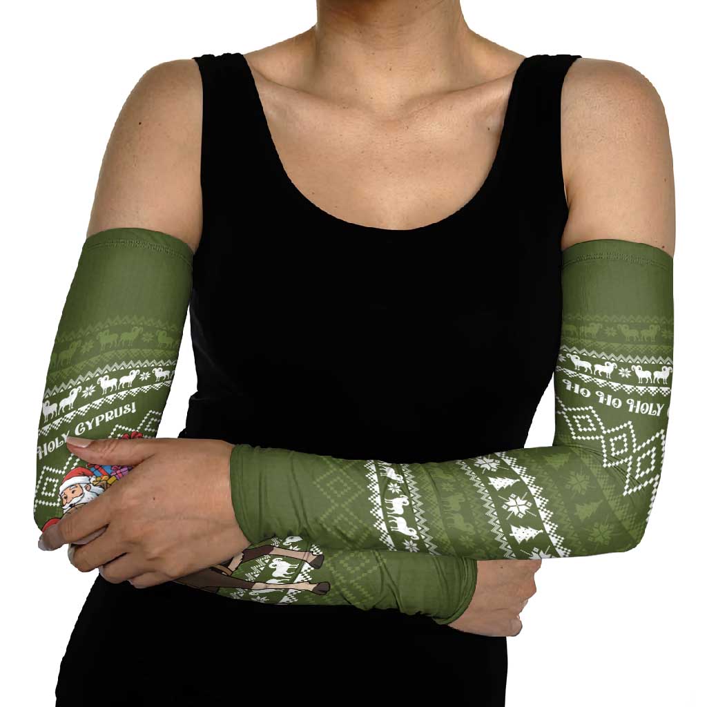 Cyprus Christmas Arm Sleeves with Santa Riding Ram Ho Ho Holy Cyprus Text and Green Holiday - Wonder Print Shop