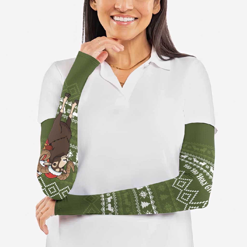 Cyprus Christmas Arm Sleeves with Santa Riding Ram Ho Ho Holy Cyprus Text and Green Holiday - Wonder Print Shop