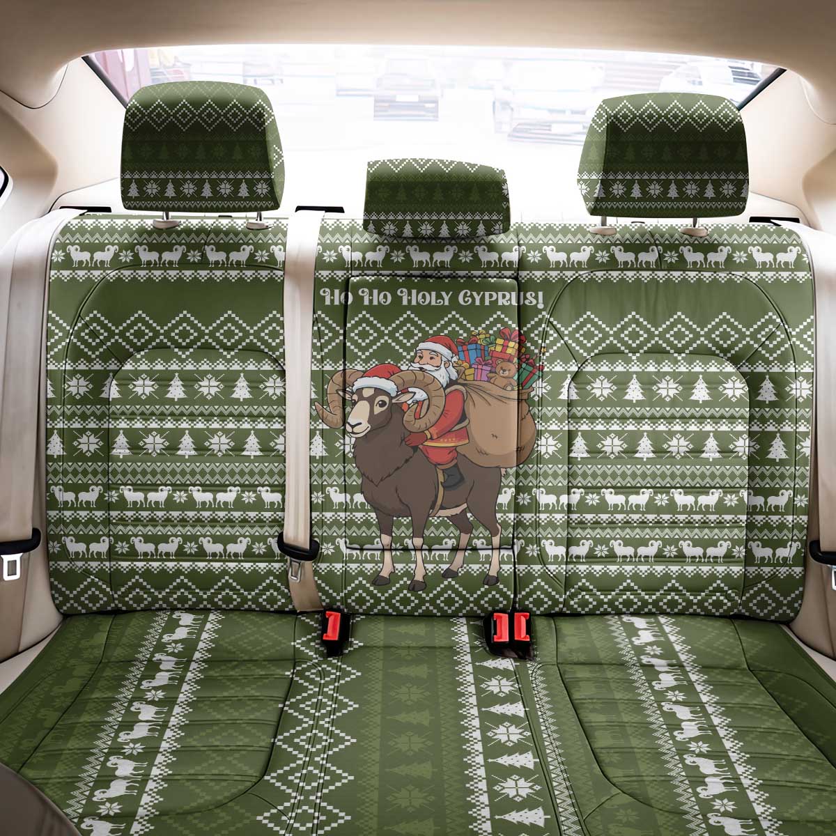 Cyprus Christmas Back Car Seat Cover with Santa Riding Ram Ho Ho Holy Cyprus Text and Green Holiday - Wonder Print Shop