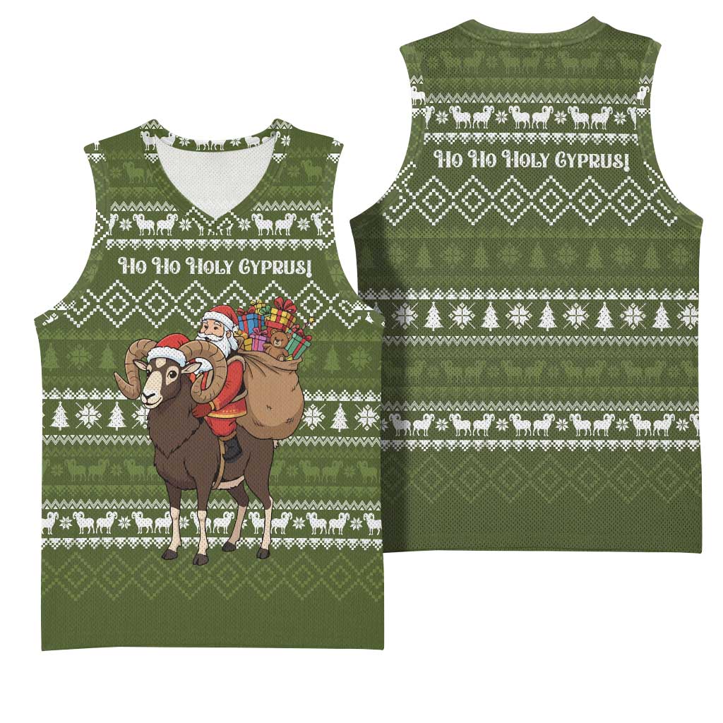 Cyprus Christmas Basketball Jersey with Santa Riding Ram Ho Ho Holy Cyprus Text and Green Holiday - Wonder Print Shop